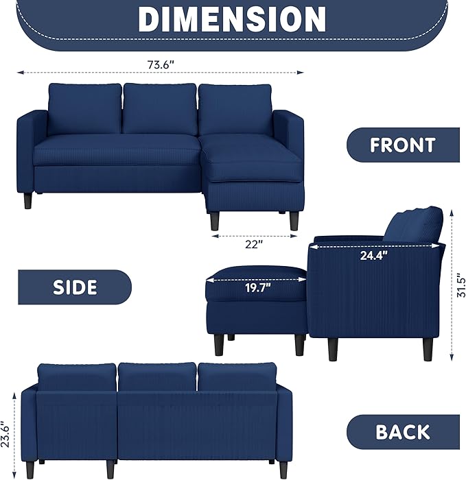 Shintenchi Small Sectional Sofa Couches,L Shape Convertible Sofa with Ottoman,3 Seat Comfy Corduroy Upholstered Sofa Couch,Small Couch for Apartment,Living Room and Office(Blue)