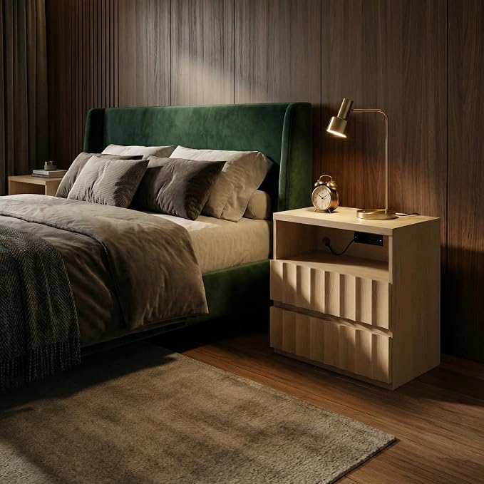 VividVibe Light Oak Wide Fluted Nightstand with Charging Station, Side Table with Discreet Rear Cord Cutouts, Large Drawers Wooden Modern Organic Bedside Table End Table for Bedroom Home Office - Image 5