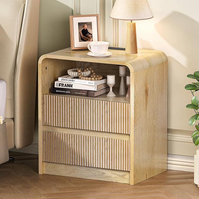 Modern Fluted Night Stand with Charging Station, 25" Tall Wood Nightstand Bedside Table with 3 Drawers & USB Ports, Mid-Century End Table for Bedroom (2, Nature Fluted, 2 Drawers) - Image 8
