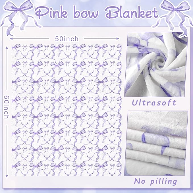 Buryeah Purple Bow Throw Blanket Valentine's Day Galentines Day Gifts Preppy Blanket Coquette 50 X60 Flannel Soft Cute Bow Lightweight Aesthetic Room Decor for Women Friends for Sofa Couch Travel Bed