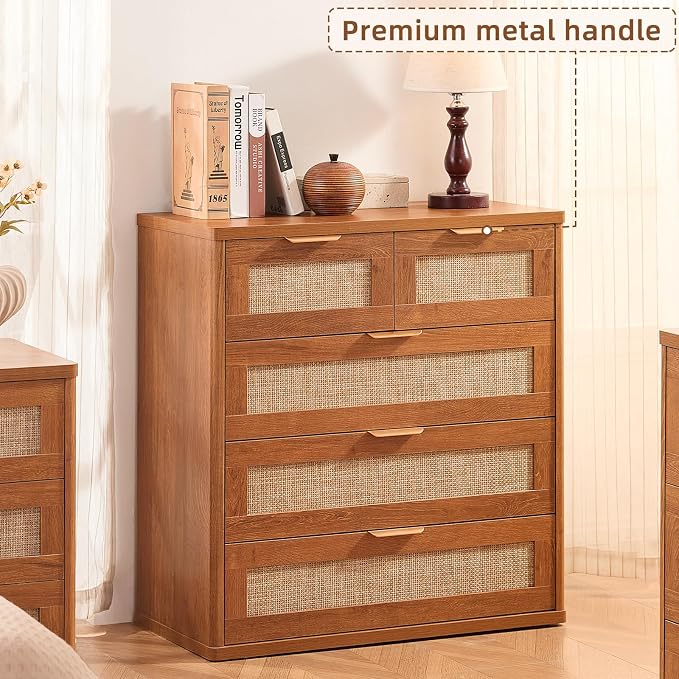 LEYAOYAO Rattan Dresser for Bedroom, 33.5" Tall Chest of Drawers, Modern 5 Drawers Boho Dressers with Storage, Vintage Brown Dresser Wooden Closet Organizer for Living Room, Hallway - Image 4