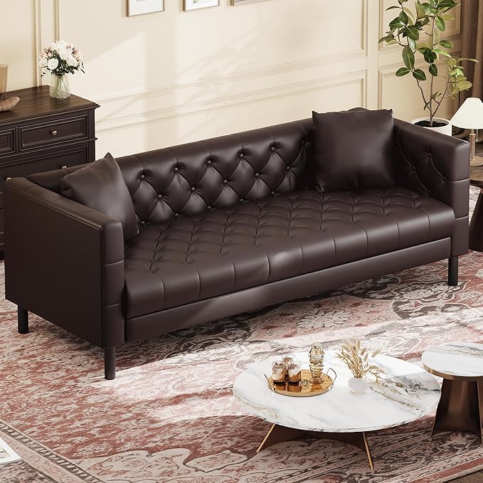 IDEALHOUSE Mid Century Modern Sofa 81 inch, Faux Leather Sofa 3 Seater, Apartment Sofa for Living Room, Chesterfield Tufted Couch with Deep Seats and 2 Pillows, Sectional Style Couch, Dark Brown