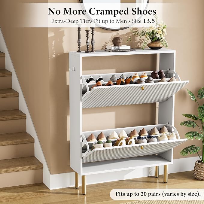 Nicetree Shoe Storage Cabinet for Entryway - 2 Flip Drawers Shoe Cabinet with Tiered Fluted Design - Slim Shoe Storage Rack with Gold Legs - Narrow Shoe Cabinet Hidden Shoe Organizer for Small Spaces - Image 3
