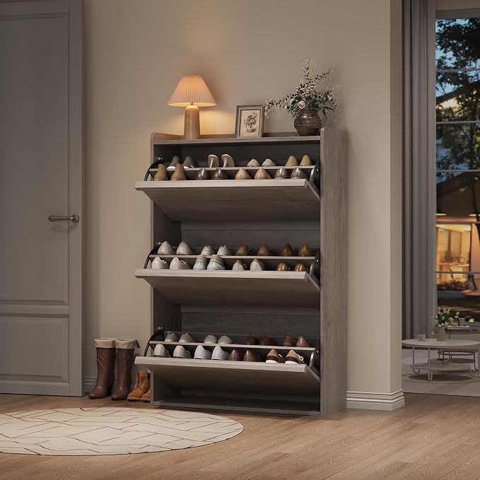 GarveeHome Shoe Cabinet with 3 Flip Drawers, Wooden Shoe Organizer Cabinet with Adjustable Shelf, Shoe Storage for Entryway, Hidden Shoe Cabinet for Hallway, Living Room, Grey - Image 7