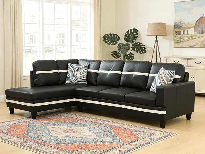 103.5 Inch Modern L-Shaped Couch, PU Leather Sectional Sofa with Chaise Lounge, 4-Seater Couch with Accent Pillows for Living Room, Apartment, Black and White