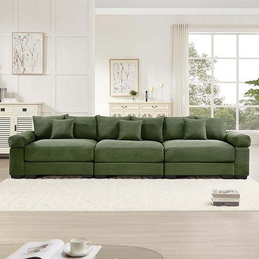 KEIKI 130" Oversized Corduroy Modular Cloud Sectional Sofa with High-Density Foam Cushions, Extra-Thick Armrest, Upholstered Modern 3-Seater Fluffy Corner Couch with 9 Pillow, for Living Room, Green