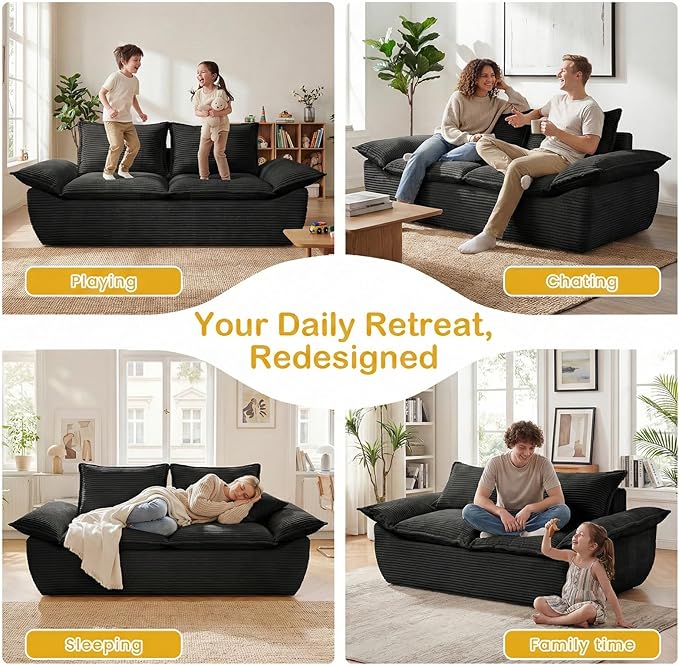 59" Boneless Loveseat Sofa, 2-Seater Black Boneless Sofa with Removable Cushions & 2 Pillows, Small Couch Boneless Compress Foam Sofa for Living Room, Apartments, & Office