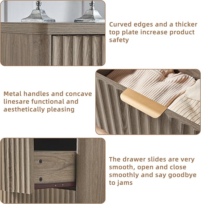 LEYAOYAO 48" Wide Fluted Dresser and 2 Drawers 23" Nightstand Set of 2, Wooden Dresser & Night Stand with Charging Station, 3 Piece Bedroom Furniture Set, Chest of Drawer for Living Room,Grey