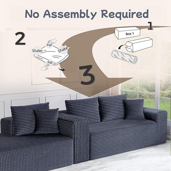 L-Shape Cloud Sectional Sofa, 104” Modern Modular Boneless Couch with Right Chaise Lounge, Compressed Floor Sofa with 5 Pillows & Deep Seat, Flannel Velvet Couch for Living Room, Dark Gray