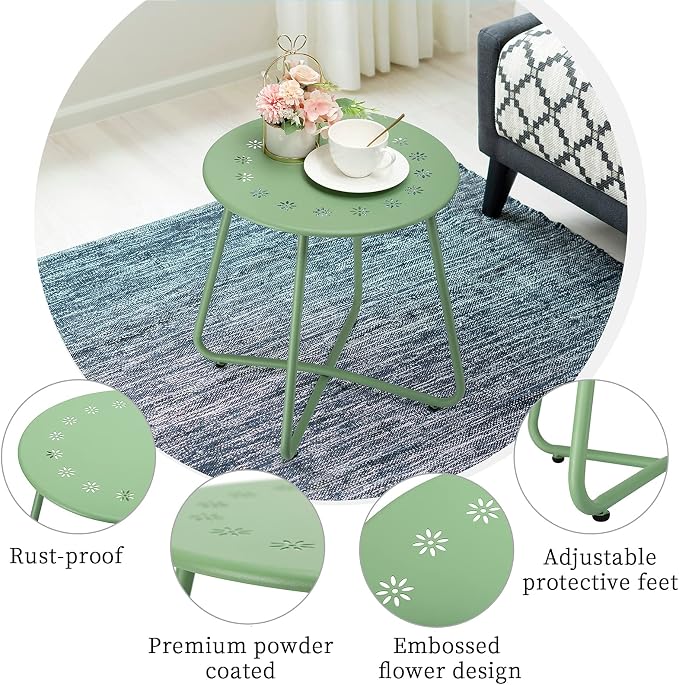 danpinera Outdoor Side Tables with Flower Cut Outs, Weather Resistant Steel Patio Side Table, Small Round Outdoor End Table Metal Side Table for Patio Yard Balcony Garden Green - Image 6