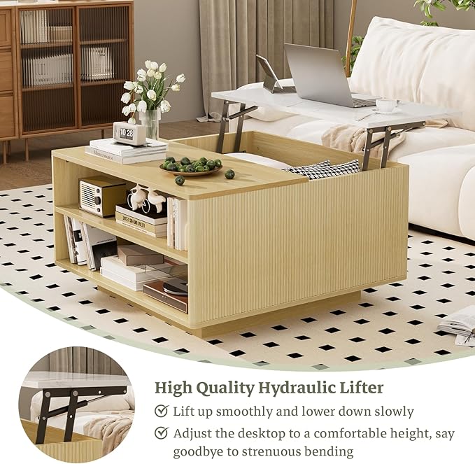 Lift Top Coffee Table with Storage, Fluted Natural Wood Square Center Table with Open Storage, Living Room Central Table w/Large Hidden Space, for Living Room, Bedroom, Home Office