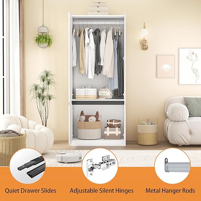 Armoire Wardrobe Closet with Doors: 75" White Large Wardrobe Closet with 6 Doors, Clothes Cabinets for Bedroom Armoires with Storage, Wood Wardrobes Closets for Hanging Clothes(C+C+C, 94.5")