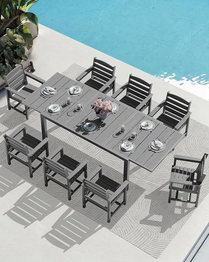 SERWALL 9-Piece Outdoor Dining Set, 60" - 83" Expandable Outdoor Dining Table and 8 HDPE Chairs, All Weather HDPE Outdoor Furniture Set for Backyard, Garden, Grey - Image 9