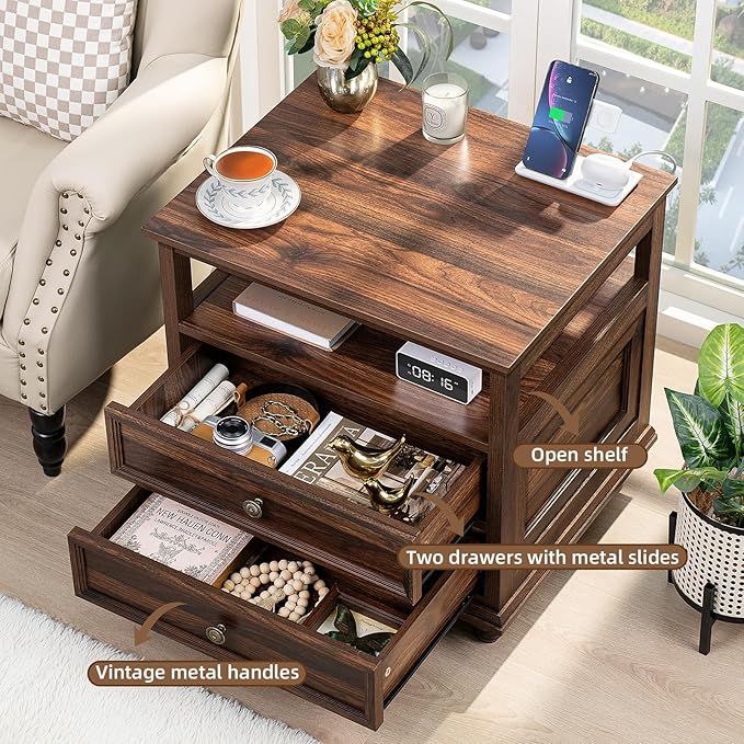 Joaxswe Farmhouse Nightstand with Charging Station, 24" Wide End Table with 2 Drawers,Brown Dresser for Bedroom, Bed Side Table Chest of Drawers Cabinet,Wood Night Stand for Living Room, Closet - Image 4