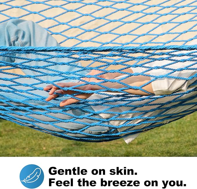 GAFETE Single Rope Hammocks for Outside, Traditional Hand Woven Cotton Hammock with Hardwood Spreader Bar, Max 450 lbs Capacity (Lake Aqua, Small) - Image 2