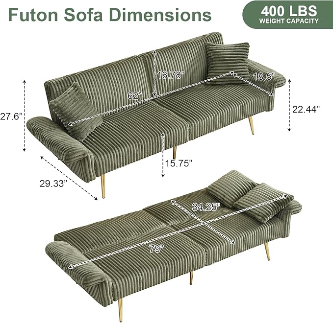Rovibek Futon Sofa Bed, Convertible Futon Couch Bed with Adjustable Backrest, 2 Pillows, Corduroy Loveseat Futon for Small Spaces, Living Room, Apartment, Office, Green