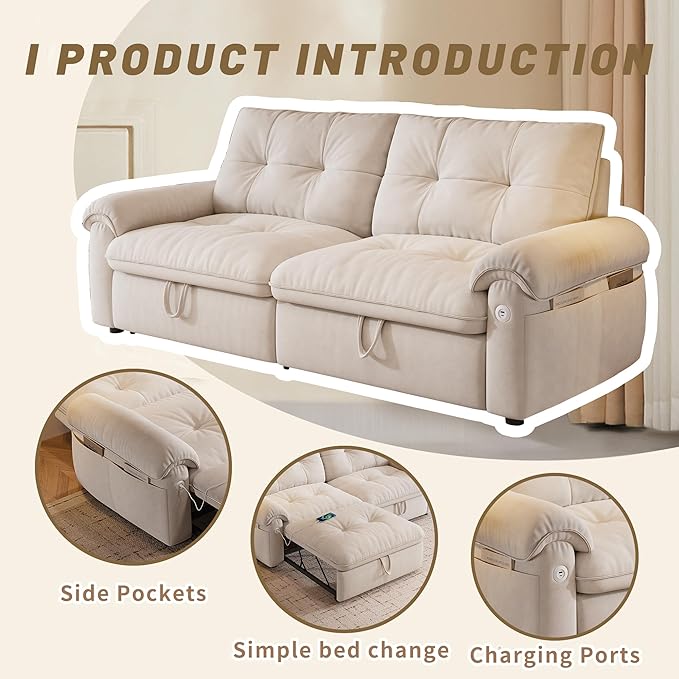 KEIKI 77" Modular Sectional Sofa with Pull-Out Bed, Convertible Sleeper Sofa Bed, 3-Seater Sleeper Sofa Couch for Living Rooms, Bedroom, Apartment, Beige
