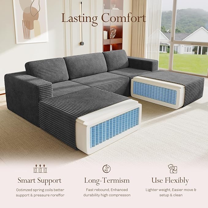 Vesgantti 119" Oversized U-Shaped Modular Sectional Sofa, Corduroy Cloud Couch with Deep Seating & Spring Support, Convertible Sofa with 2 Ottomans, Boneless Couch, No Assembly Required, Grey
