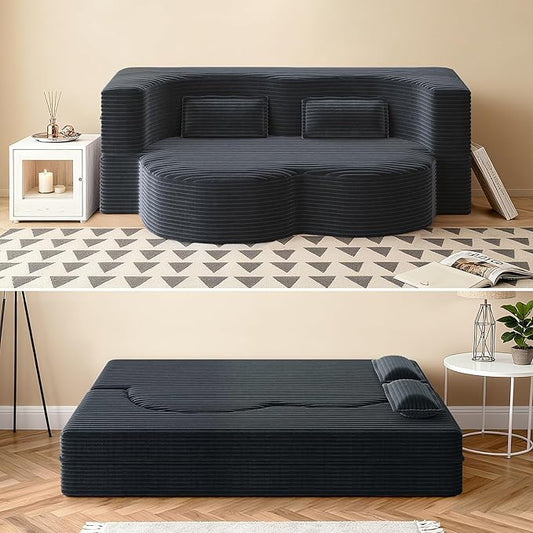 78" Convertible Sofa Bed, 2-in-1 Folding Floor Couch with 2 Pillows, Sleeper Sofa for Living Room and Bedroom, No Assembly Required (Dark Grey, Corduroy Fabric)