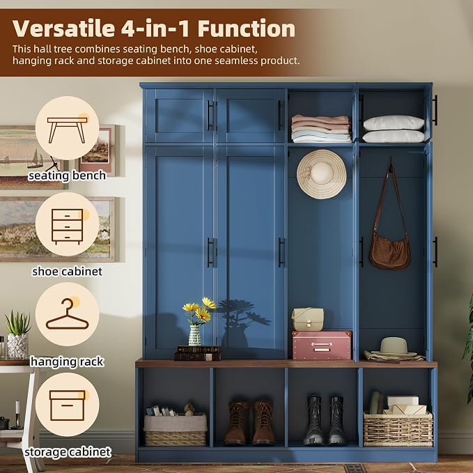 Hall Tree with Bench and Shoe Storage Compartments for Entryway, Particle Board Multi-Functional Cabinet with 4 Hanging Hooks, Blue - Image 4