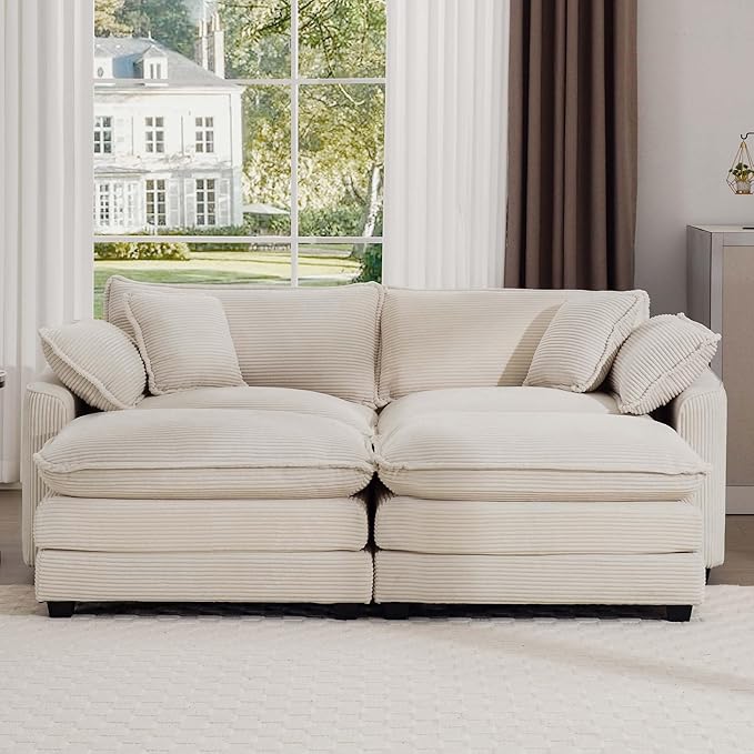 KEIKI 80" Oversized Corduroy Modular Sectional Loveseat Sofa with 2 Ottoman, High-Density Foam Cushions, Removable Armrests, Upholstered 2-Seater Corner Couch with 4 Pillow, for Living Room, Beige