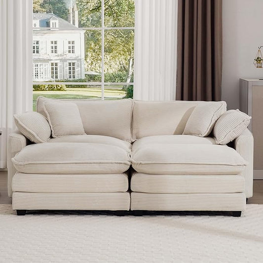 KEIKI 80" Oversized Corduroy Modular Sectional Loveseat Sofa with 2 Ottoman, High-Density Foam Cushions, Removable Armrests, Upholstered 2-Seater Corner Couch with 4 Pillow, for Living Room, Beige