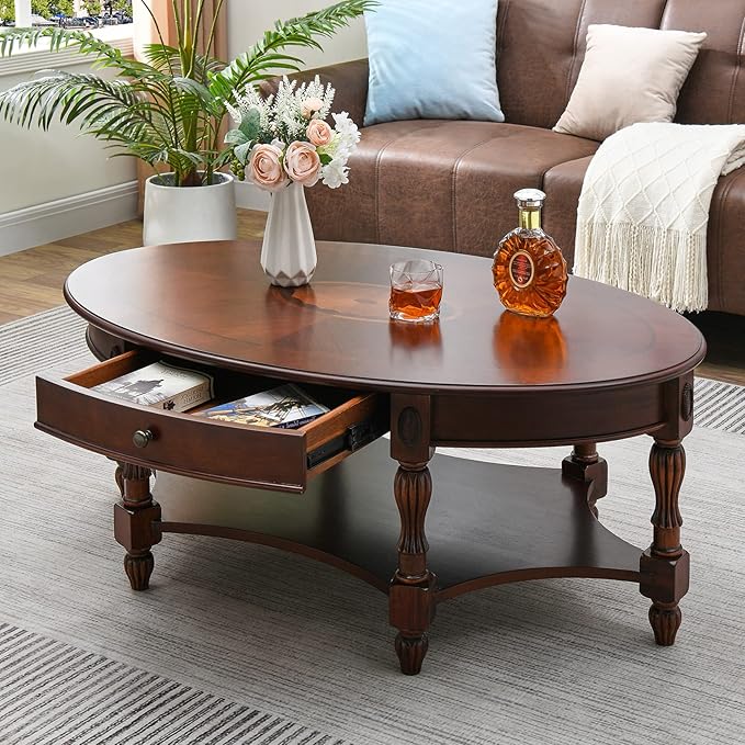 MODERION Solid Wood Coffee Table with Drawer and Storage Shelf, Traditional Living Room Cocktail Tea, Oval Center Carvings Side Vintage 46''Lx 29''Wx18.2''H Cherry Walnut KFZ1533WD-DR