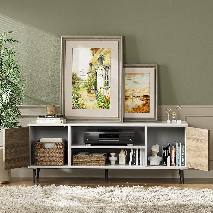 YESHOMY Modern TV Stand for 65" Television, Entertainment Center with Two Cabinets and Open Shelves, Retro Style Media Console for Living Room, Bedroom, Office, 58 Inch Classic, White and Beige - Image 3