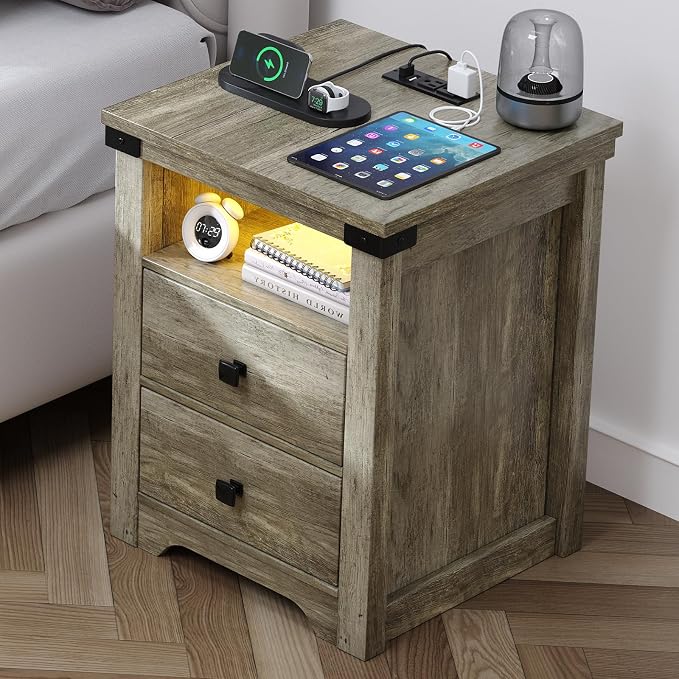 Airynee Nightstand with Charging Station, Farmhouse Nightstand with LED Lights, Modern Rustic Side Table with 2 Storage Drawers, Wooden End Table for Bedroom, Light Rustic Oak by Airynee
