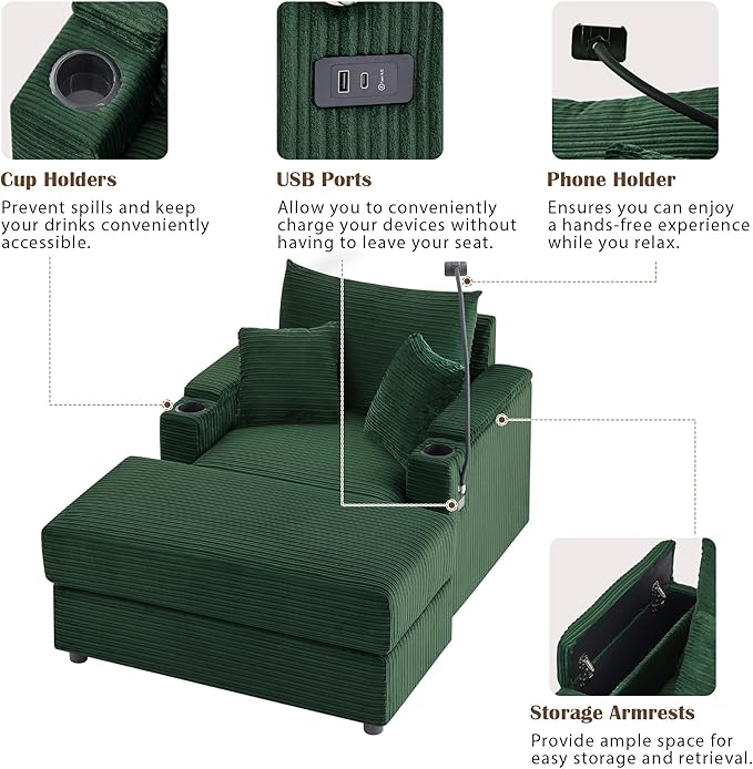 Merax Modern Corduroy Single Sofa with Ottoman, Two USB Ports & Cup Holders, Small Couch with Pillows & Phone Holder for Living Room Green