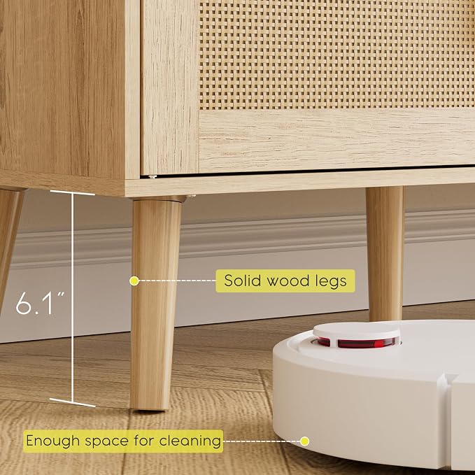 TV Stand for 55-65inch TV, Rattan Entertainment Center with Soft Hinge Door,TV Console Table with 2 Cabinets with Gold Handle and Feet,for Living Room, Bedroom, Natural - Image 6