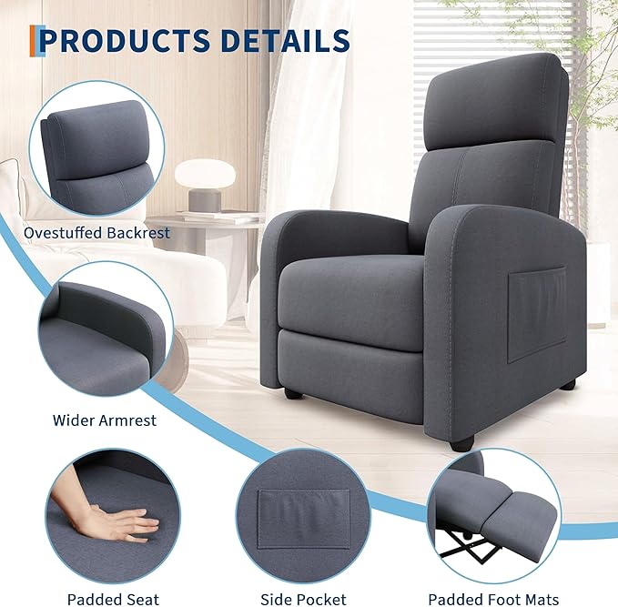 Garvee Recliner Chair for Adults, Leather Lazy Recliner Ergonomic Adjustable Single Sofa Enhanced with Side Pocket, Tall Back, Wide Arms & Padded Seat, Home Theater Seating for Living Room, Grey