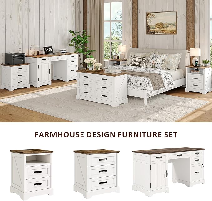 Whalefall Farmhouse Night Stand Set of 2, Large 3 Drawers Bedside Table with Charging Station, 22 inch Wide End Table for Bedroom, 2pcs White - Image 3