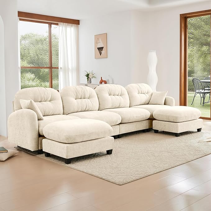 KEIKI 140" U-Shaped Oversized Chenille Modular Sectional Sofa with 2 Ottoman, High-Density Foam Cushions, Tufted Pleated Cushion Backrest, Modern 4-Seater Couch with 2 Pillow, for Living Room, Beige