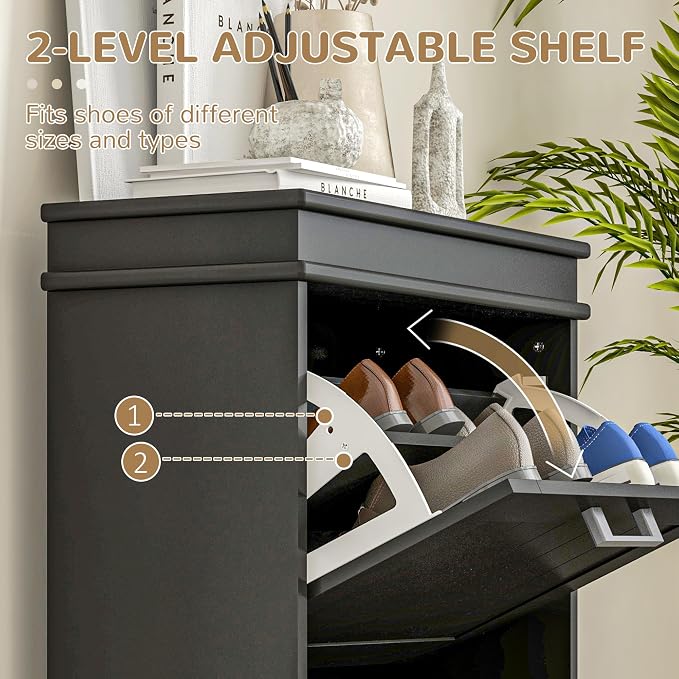 HOMCOM Narrow Shoe Cabinet with 2 Flip Drawers, Modern Freestanding Shoe Storage Cabinet with Adjustable Shelves for Entryway, Hallway, Black - Image 5