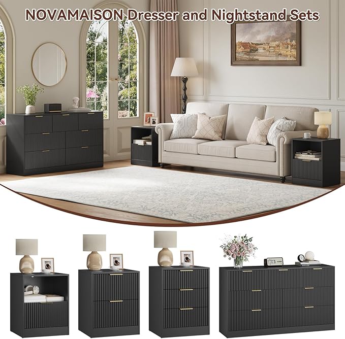 3 Pcs Black Dresser & Nightstand Set, 7 Drawer Dressers and Night Stand Set of 2 with Metal Handle, Fluted Modern Wood Chest of Drawers Storage Dressers Set for Bedroom, Black