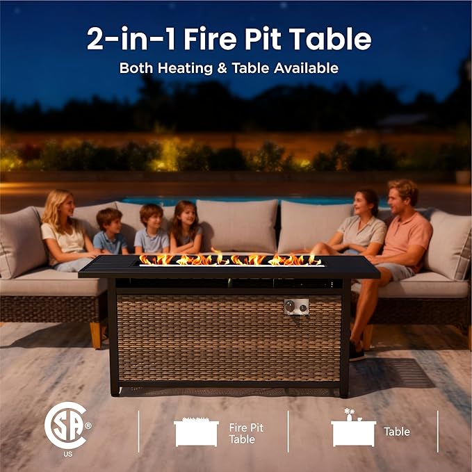 PHI VILLA 8-Piece Curved Patio Furniture Set with Fire Pit Table, Outdoor Wicker Half-Moon Sectional Sofa with Cushions, 56” Gas Fire Pit Table and Ottomans, Beige