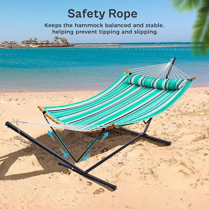 SUPERJARE Hammock with Stand, 2 Person Heavy Duty Hammock with Padded Cotton, Detachable Pillow & Strong Curved-Bar & Portable Carrying Bag, Perfect for Outdoor & Indoor, Mint Green with Stripes - Image 5