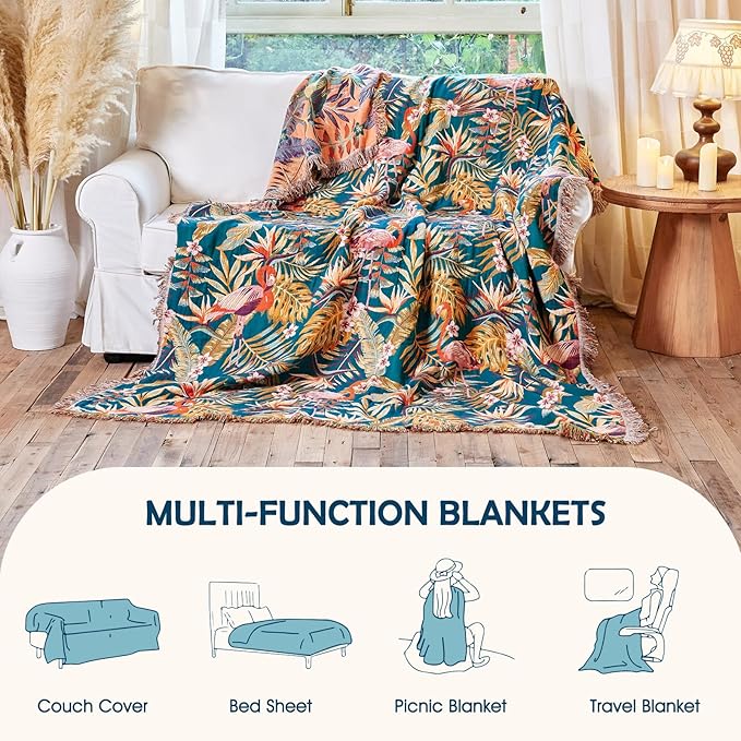 Boho Throw Blanket - 100% Cotton Ultra Soft Muslin Spring Blanket, 50"x60" Lightweight Floral Bird Framhouse Bedding Blanket for Bed, All Season Blue Bohemian Bedroom Home Decor Quilt