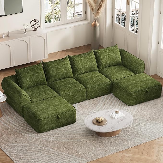 132" Modular Sectional Sofa with Deep Seat, U-Shaped Cloud Couch for Living Room, 4-Seater Boneless Sofa with 2 Ottomans, Flexible Combination Modern Upholstery Sofa, No Assembly Required, Algae Green