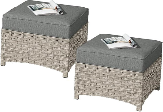 HOOOWOOO 2 Piece Patio Ottoman Set,Outdoor Wicker Ottomans,All Weather Resistant Rattan Deck Ottoman Matching Furniture(Dark Grey Gray)