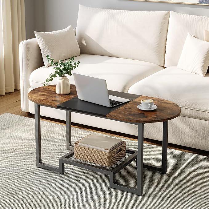 HOOBRO Coffee Table, Oval Small Coffee Table with 2-Tier Storage Shelf, Narrow Modern Center Table for Small Spaces, Living Room, Bedroom, Office, Rustic Brown and Black BFK12KF01