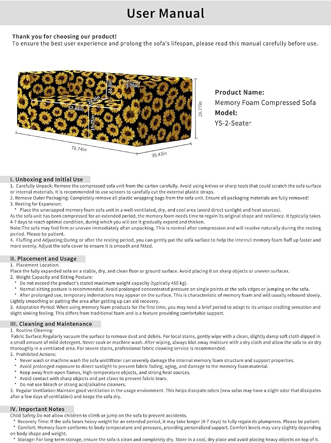 Loveseat Sofa, Boneless Couch in a Box with Sunflowers Print, Small Couch for Small Spaces, High-Resiliency Memory Foam, No Assembly Required, for Living Room, Bedroom, Office