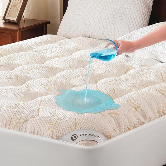 PRIMESOFT Twin Size Mattress Topper, Thick Pillow Top Mattress Pad，Up to 21 Inch Deep Pocket,Soft Breathable Mattress Pad for Back Pain, Waterproof Protector Cover(Beige)