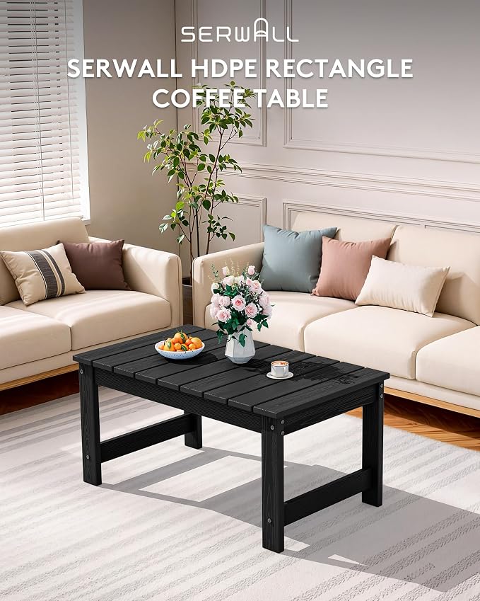 SERWALL Outdoor Coffee Table, HDPE Patio Coffee Table for Outside, Rectangle, Black - Image 10