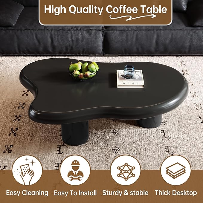 Guyii Cloud Coffee Table, Black Coffee Table for Living Room, Cartoon Irregular Indoor Tea Table, Modern End Table with 3 Legs (Black, 46.06 Inch)