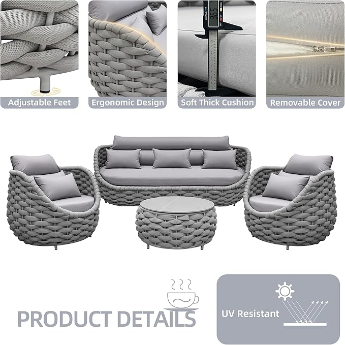 TWT Aluminum Modern Patio Set Three Seater Sofa Outdoor Furniture Set w/Coffee Table,Patio Conversation Set with Hand Woven Teslin Rope for Bedroom Backyard Poolside, Light Grey
