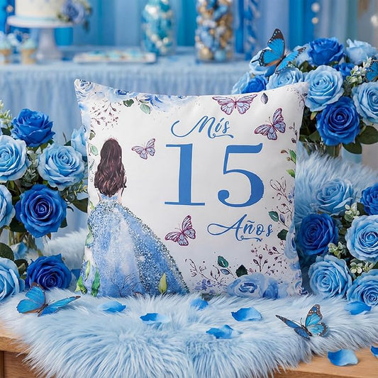 Kathfly Cojines para 15 Años De Quinceañera Decoration 16 x 16 Inche Blue Quinceañera Pillow Gifts Mis Xv Años Throw Pillow Sweet for Daughter Sister Friend 15th Birthday Gifts