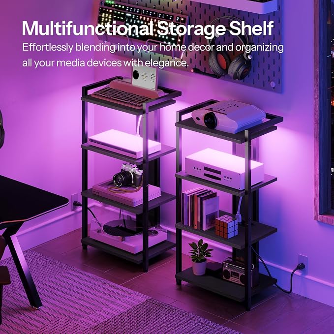 HOOBRO 4-Tier AV Media Stand with Charging Station and LED Light, Wooden Stereo Stand, Rack Audio Tower, Corner TV Stand, Entertainment Device, Black BB38UDCJ01 - Image 4