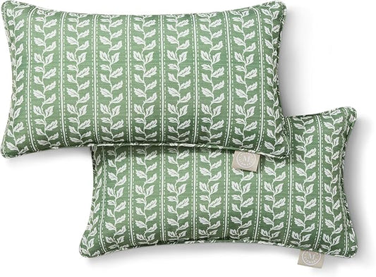 Martha Stewart Vineyard Vines Indoor Outdoor Decorative Lumbar Pillow 2-Pack Set, UV Fade Resistant, Water Repellent, Printed Garden Design, Green, 11"x18"